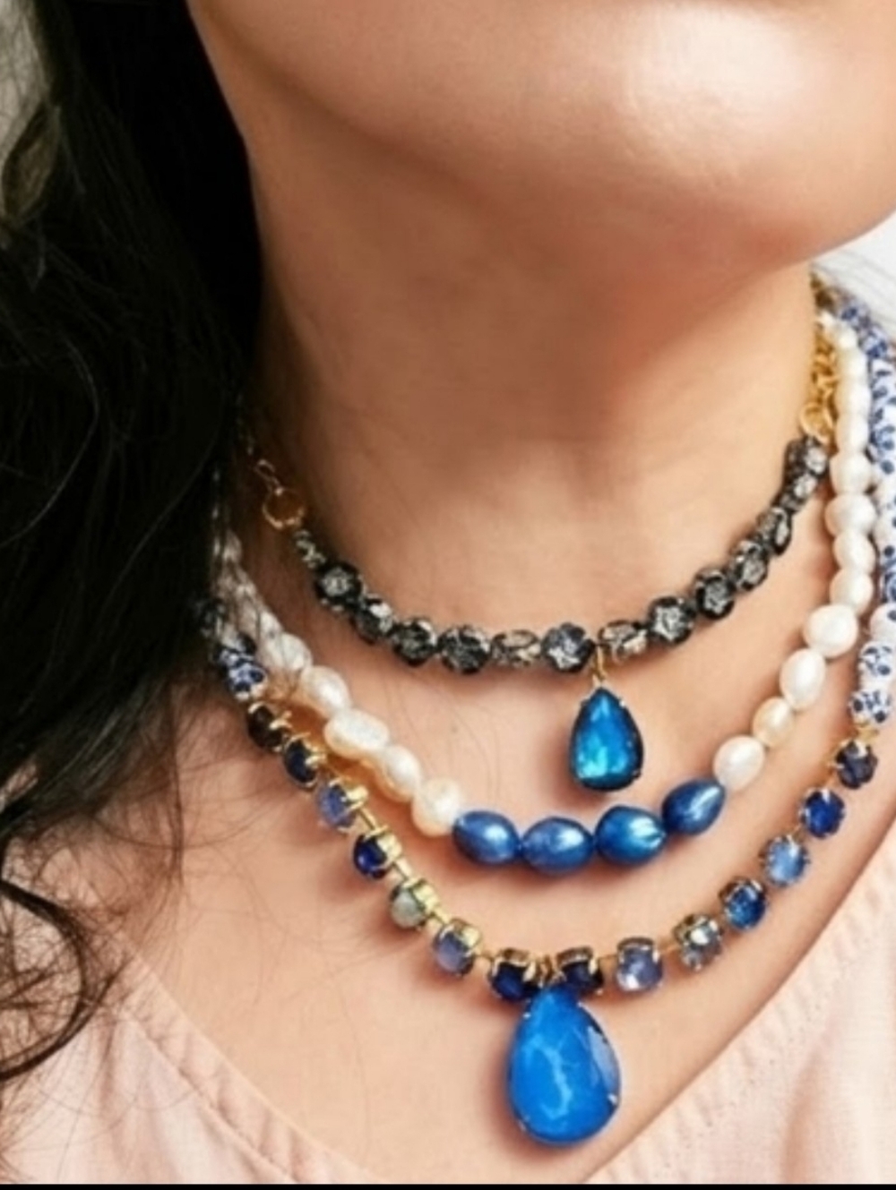 Victorian Darling Dark Blue Swarovski Crystal Porcelain & Beads Layered Necklace